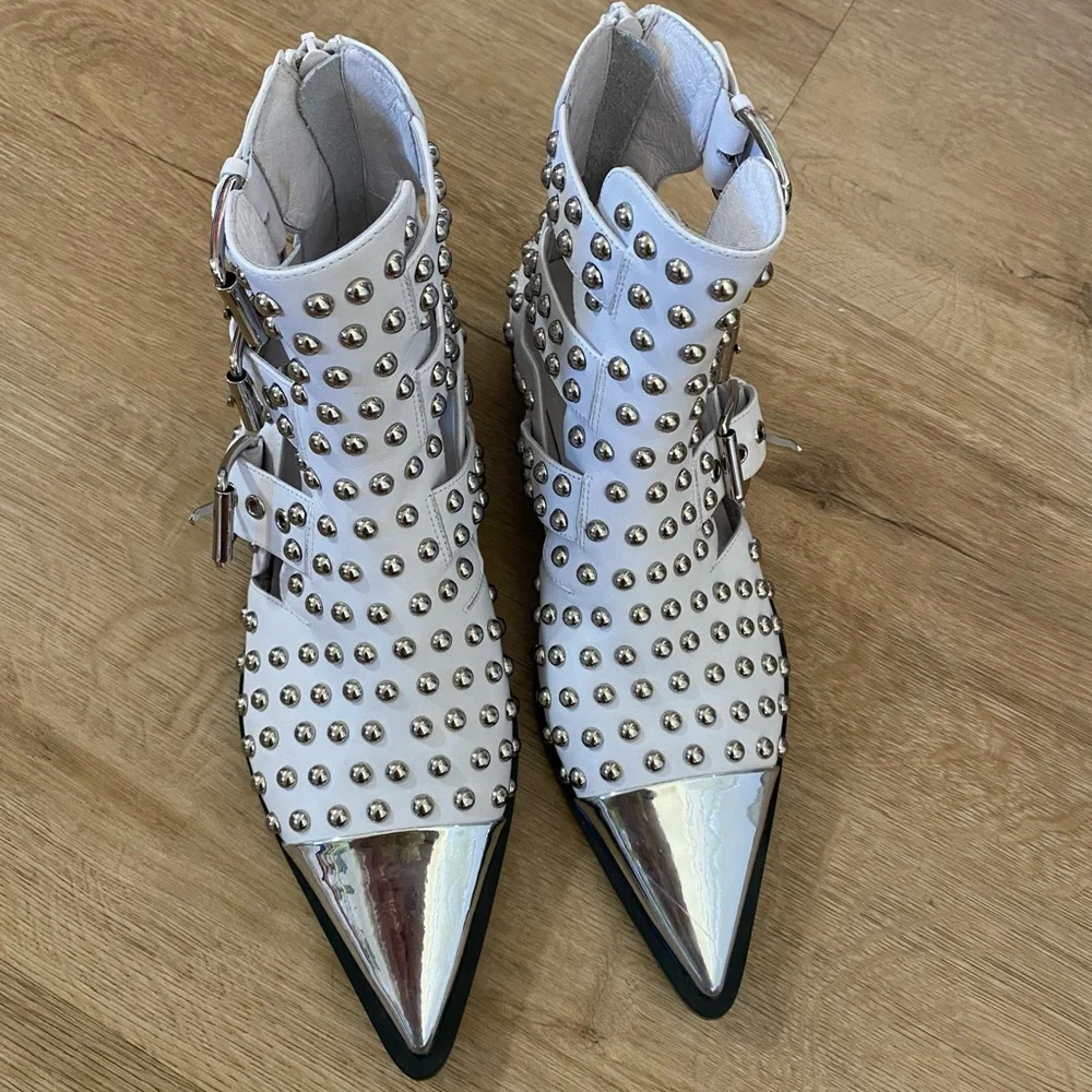 Jeffrey Campbell Kait Studded Ankle Boot Cutout Buckle White 7 NEW